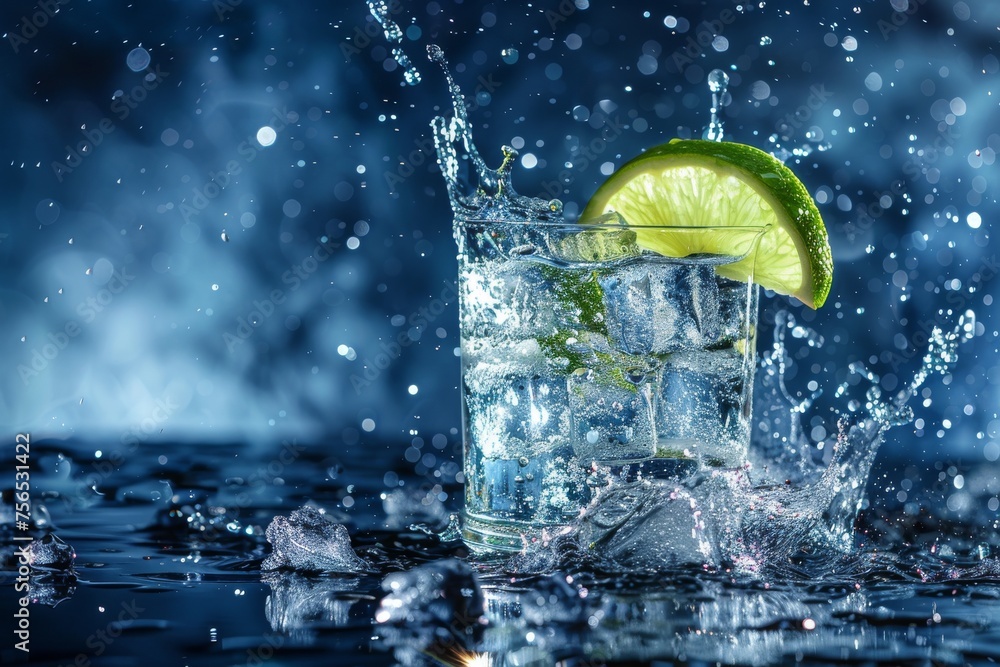Poster refreshing gin and tonic with splash and lime on deep blue background