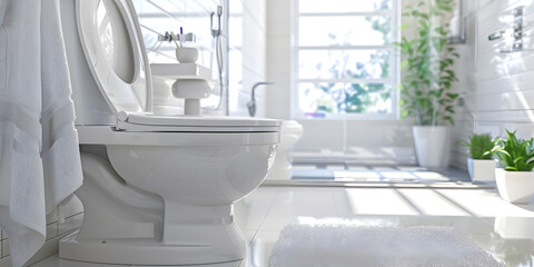 interior A pristine modern bathroom showcasing a ceramic toilet with a soft closed lid in a bright interior.