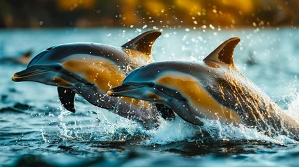 Zelfklevend Fotobehang Dolphin Jumps Amidst Aquatic Life © EwaStudio