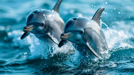 Zelfklevend Fotobehang Dolphin Jumps Amidst Aquatic Life © EwaStudio