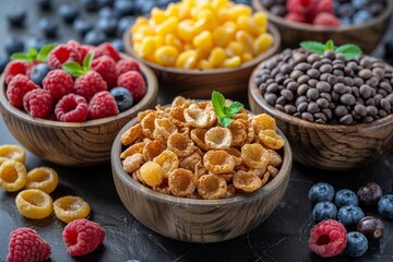 Cereal bowls with vibrant fruits and fresh berries creating an image of a nutritious and delicious...
