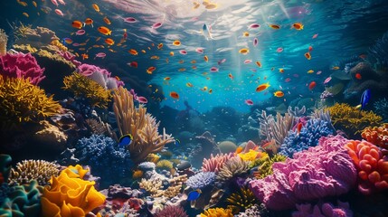 A colorful coral reef teeming with life, with vibrant fish swimming amongst the diverse underwater world.