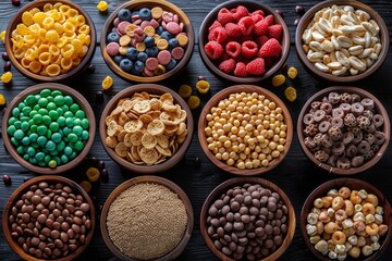 Overhead shot of a collection of breakfast cereals in bowls displaying a range of textures and colors