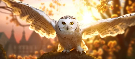 Fotobehang Sneeuwuil Snowy owl in winter forest. Beautiful snowy owl in winter forest. Snowy owl in winter forest