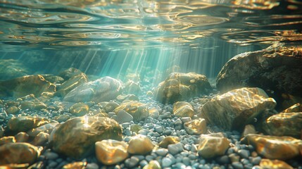 A crystal-clear stream flowing over smooth rocks, with sunlight dappling the water and illuminating the underwater world. - Powered by Adobe