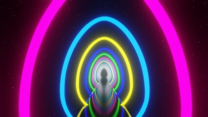 3d abstract colorful blue pink yellow Easter egg neon glowing laser tunnel. Futuristic sci-fi circles in space black background, digital retro y2k moving shape - obrazy, fototapety, plakaty
