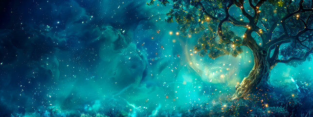 Magical tree with glowing lights in an ethereal blue forest setting