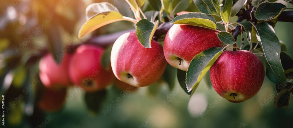 Poster a cluster of vibrant red apples suspended from the branch of a flowering plant in a beautiful displa