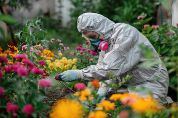A man in a protective suit treats flowers in the garden with chemicals