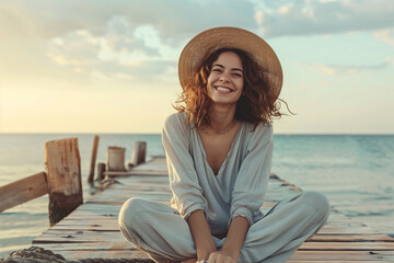 happy woman sitting on the pier and smiling, happiness or inspiration concept, enjoy life