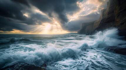 A dramatic seascape with crashing waves against towering cliffs, under a stormy sky with streaks of sunlight breaking through.