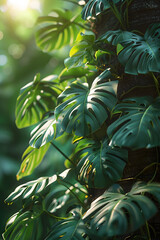 The sun is illuminating the leaves of a terrestrial plant in the lush jungle, creating dappled light on the forest floor