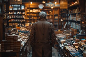 A solitary man in a coat stands amidst a cozy antique bookstore filled with wooden shelves and an assortment of books