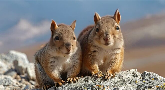 a pair of squirrels on a rock footage