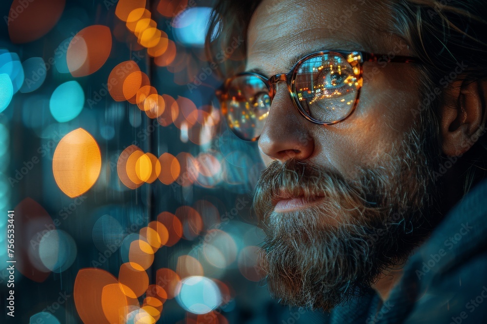Poster captivating abstract image showing colorful bokeh lights with a human subject's face blurred