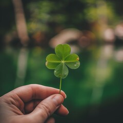 Fototapeta na wymiar Hand Holding Four-Leaf Clover for Good Fortune and Success