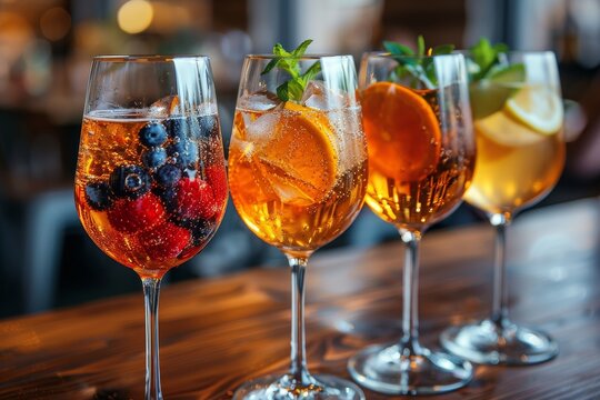 Image of colorful and vibrant fruit cocktails with berries and citrus garnishes in a cozy bar setting