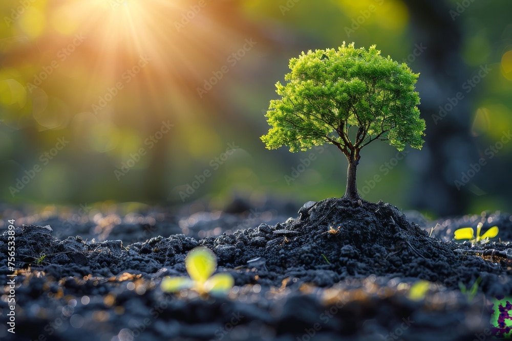 Poster the image captures a solitary, well-lit vigorous tree on a dark soil field with the sun shining thro