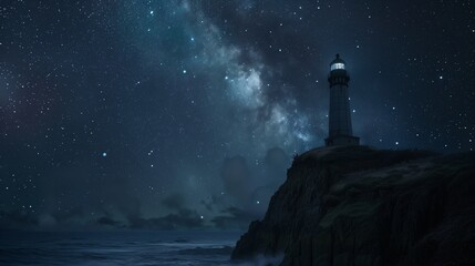 A lone lighthouse perched on a cliff, guiding ships through the darkness under a starry sky. - obrazy, fototapety, plakaty