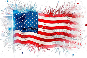 American flag with fireworks.Vector flag of USA