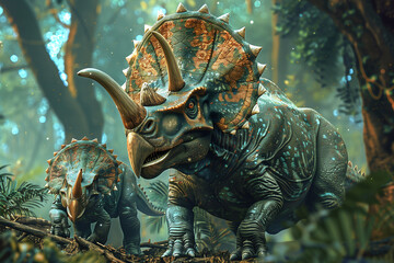 Triceratops family in nature - obrazy, fototapety, plakaty
