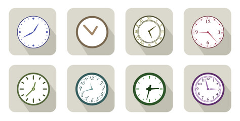 Set of clocks in flat style. Accuracy and punctuality. Clock.