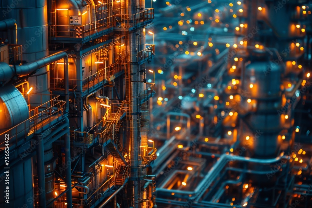 Poster a complex network of industrial pipes and structures is illuminated with golden lights against a dee
