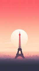 Eiffel Tower at Sunrise or Sunset Background. Paris City Vector Illustration, Minimalist Wallpaper, Travel Poster, or Flyer Design