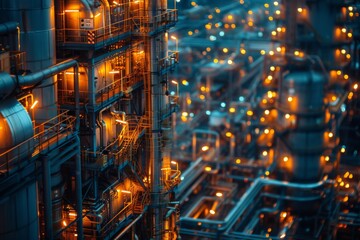 A complex network of industrial pipes and structures is illuminated with golden lights against a deep blue twilight sky