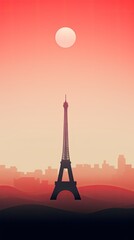 Eiffel Tower at Sunrise or Sunset Background. Paris City Vector Illustration, Minimalist Wallpaper, Travel Poster, or Flyer Design