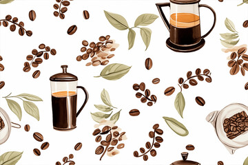 element of coffee seamless pattern watercolor on white background