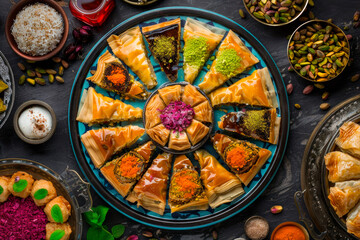 assorted Arabic sweets .Top view showing several shapes and types of traditional sweets