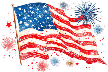 American flag with fireworks.Vector flag of USA