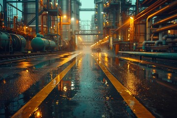 A mysterious industrial scene with illuminated pipes at night shrouded in mist, reflecting on a wet surface - obrazy, fototapety, plakaty