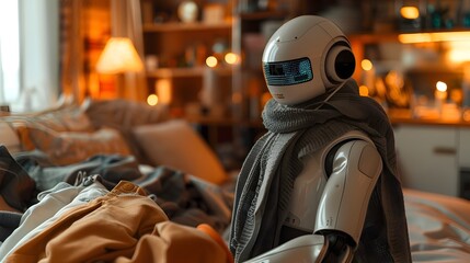 Clueless AI Home Assistant Tackles Laundry in Cozy Living Room - obrazy, fototapety, plakaty