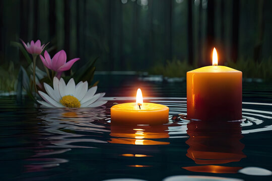 Digital artwork depicting flowers and candles floating on water, set against a dark forest background. Mystical and serene ambiance captured in this image.