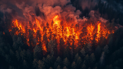 A devastating wildfire ravages through a once-green forest, towering flames and thick smoke darken the sky..