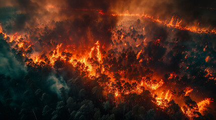 Fototapeta na wymiar Dramatic aerial shot of a fierce inferno engulfing a dense forest, with flames and smoke rising into the dusky sky..
