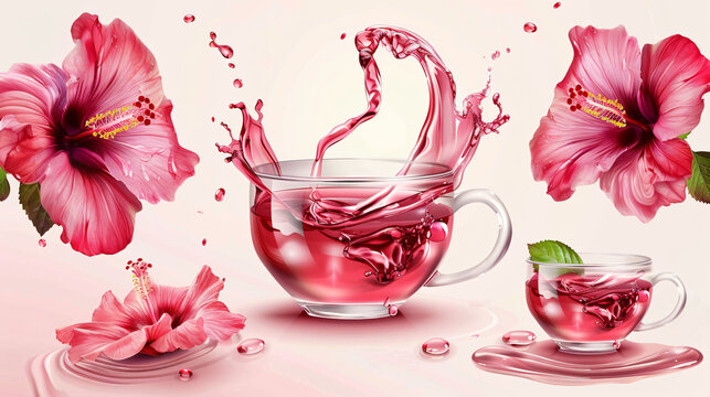 Set of pink  hibiscus flower and tea transparent