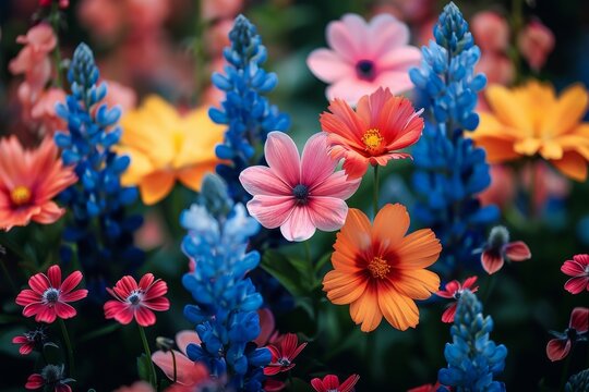 Close-up photography of striking cosmos and lupine flowers, featuring bold colors and soft-focus background