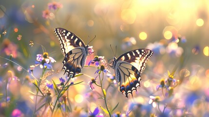 A pair of butterflies engaged in a delicate dance amid a field of wildflowers under the summer sun.
