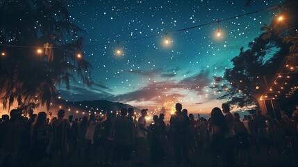 A panoramic view of a music festival crowd dancing under a clear night sky filled with twinkling...