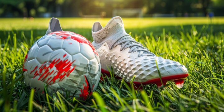 Pair of soccer boots and a ball on fresh grass, ready for kickoff.