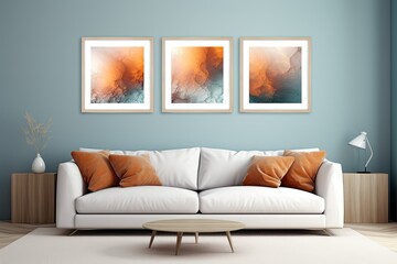 Modern Living Room with Sofa on Blue Wall Background. Interior Design with Abstract Three Picture Frames and Wallpaper. Poster Frame Mockup