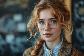 A young woman with red curly hair wearing vintage-inspired round glasses in front of a blurred background