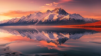 A panoramic view of a snow-capped mountain range reflecting in a still lake at sunrise.