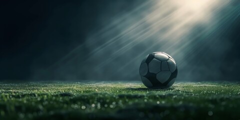 Soccer ball at the kickoff spot under a spotlight, focus on the game.