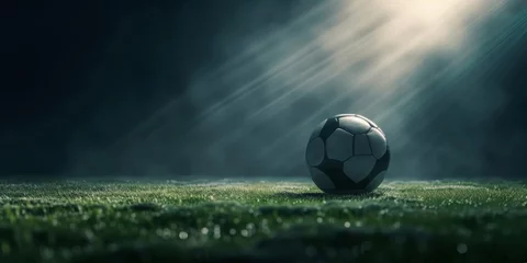 Abwaschbare Fototapete Soccer ball at the kickoff spot under a spotlight, focus on the game. © EOL STUDIOS