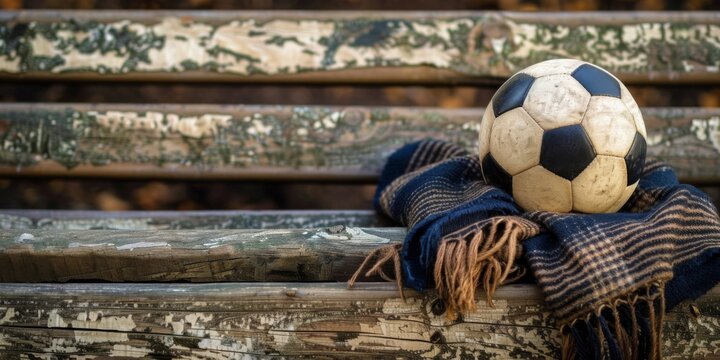 Soccer ball and scarf in team colors on a rustic wooden bench.