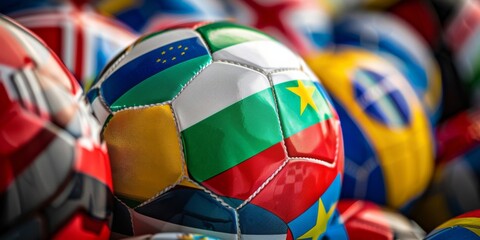 Soccer ball encircled by various national flags, unity in competition.